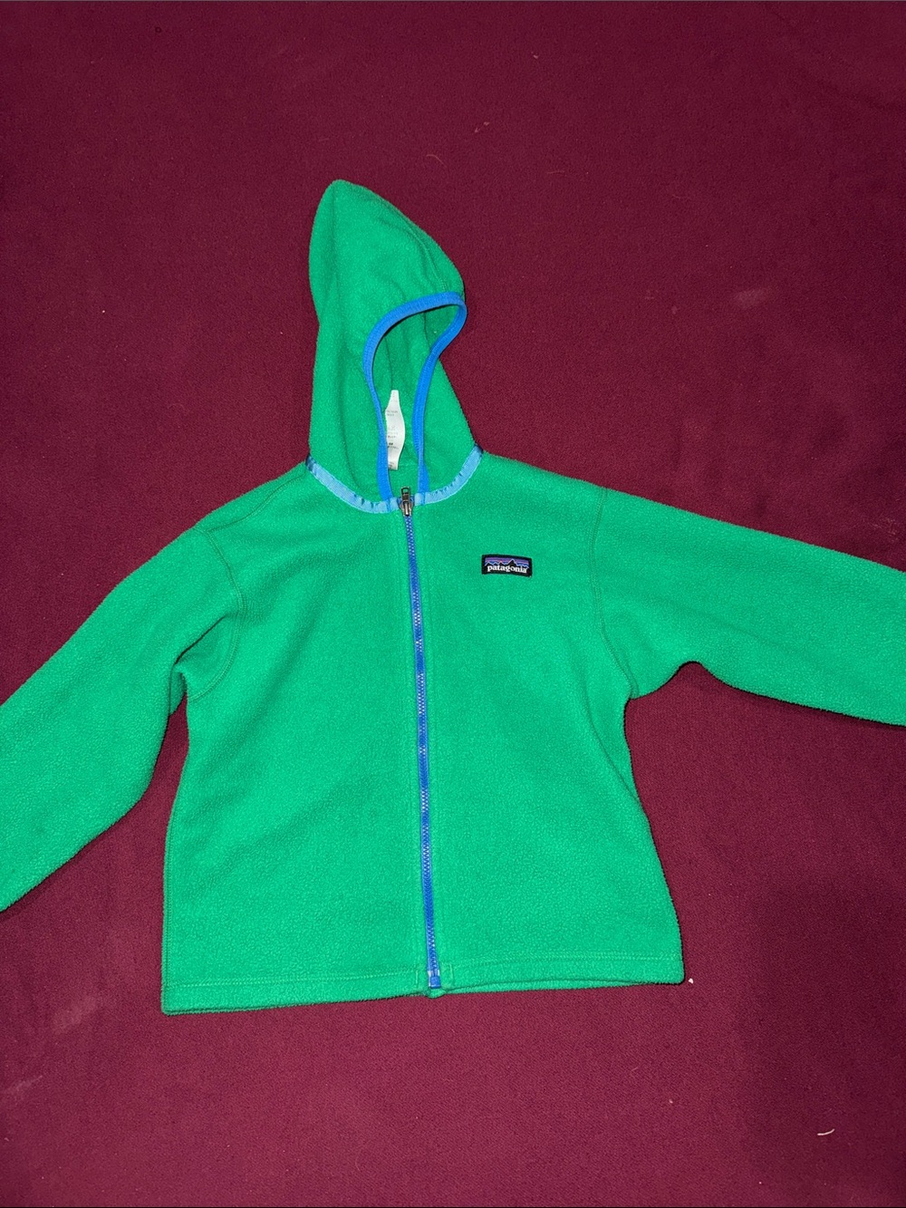 Patagonia Kids Bright Green Hooded Fleece with Blue Trim